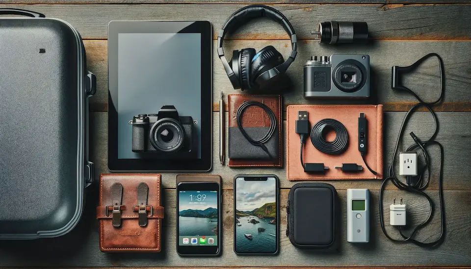 A suitcase next to electronic gadgets and accessories.