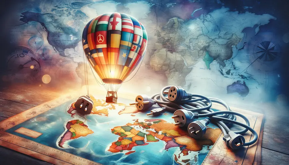 A hot air balloon floating over a world map
